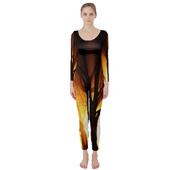 Rays Of Light Tree In Fog At Night Long Sleeve Catsuit by Amaryn4rt