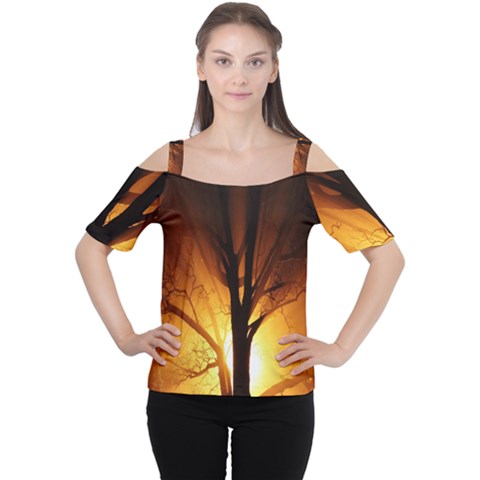 Rays Of Light Tree In Fog At Night Women s Cutout Shoulder Tee by Amaryn4rt