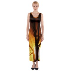 Rays Of Light Tree In Fog At Night Fitted Maxi Dress by Amaryn4rt