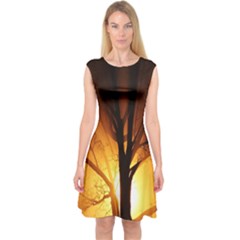 Rays Of Light Tree In Fog At Night Capsleeve Midi Dress by Amaryn4rt