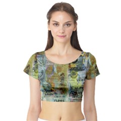 Old Newspaper And Gold Acryl Painting Collage Short Sleeve Crop Top (tight Fit) by EDDArt