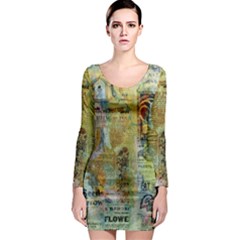 Old Newspaper And Gold Acryl Painting Collage Long Sleeve Bodycon Dress by EDDArt