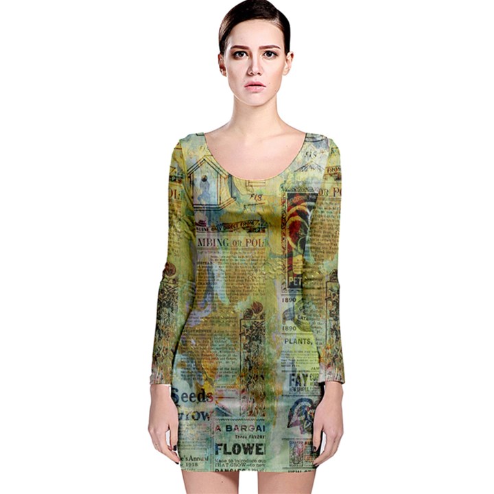 Old Newspaper And Gold Acryl Painting Collage Long Sleeve Bodycon Dress