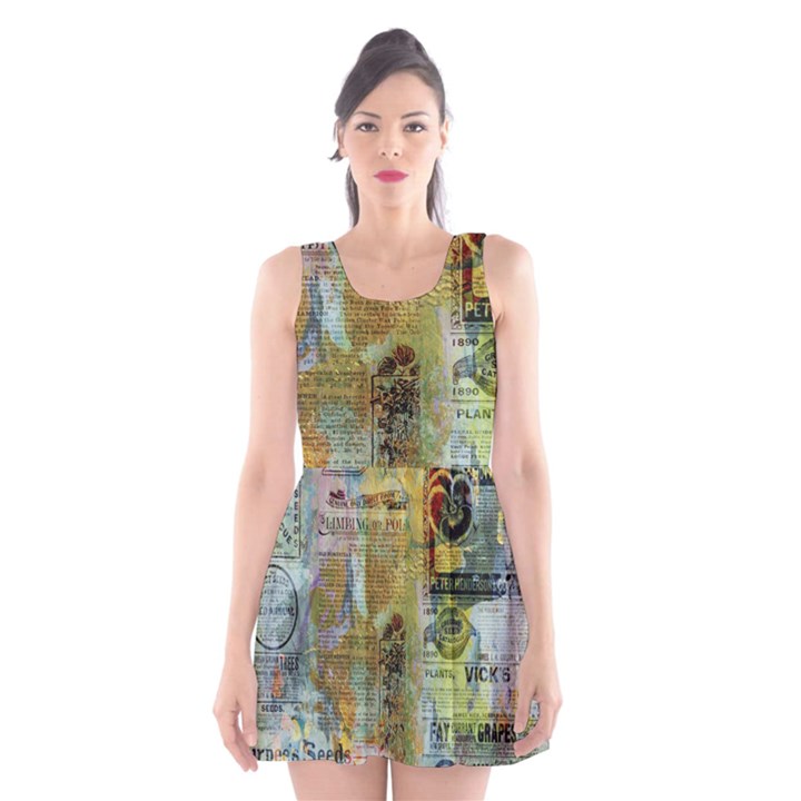 Old Newspaper And Gold Acryl Painting Collage Scoop Neck Skater Dress