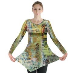 Old Newspaper And Gold Acryl Painting Collage Long Sleeve Tunic  by EDDArt