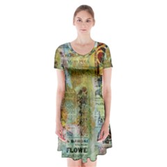 Old Newspaper And Gold Acryl Painting Collage Short Sleeve V-neck Flare Dress by EDDArt