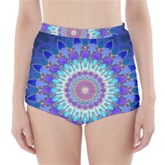 Power Flower Mandala   Blue Cyan Violet High-waisted Bikini Bottoms by EDDArt