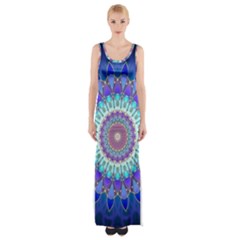 Power Flower Mandala   Blue Cyan Violet Maxi Thigh Split Dress by EDDArt