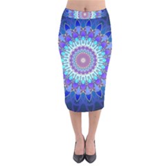 Power Flower Mandala   Blue Cyan Violet Velvet Midi Pencil Skirt by EDDArt