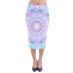 India Mehndi Style Mandala   Cyan Lilac Velvet Midi Pencil Skirt by EDDArt