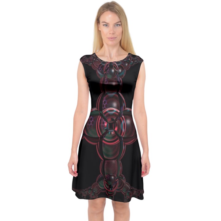 Fractal Red Cross On Black Background Capsleeve Midi Dress