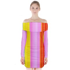 Multi Colored Bright Stripes Striped Background Wallpaper Long Sleeve Off Shoulder Dress by Amaryn4rt