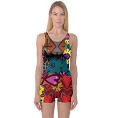 Digitally Created Abstract Patchwork Collage Pattern One Piece Boyleg Swimsuit by Amaryn4rt