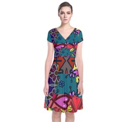 Digitally Created Abstract Patchwork Collage Pattern Short Sleeve Front Wrap Dress by Amaryn4rt