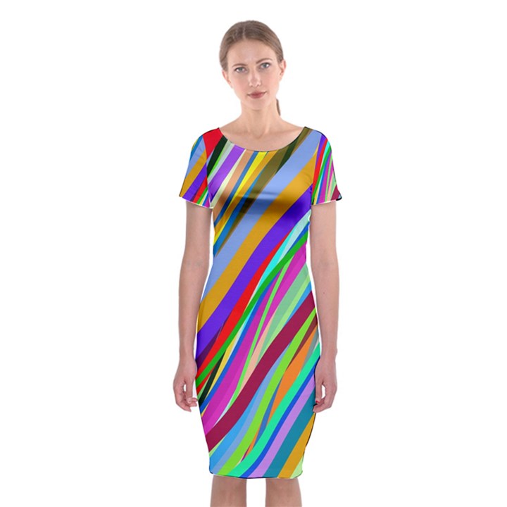 Multi Color Tangled Ribbons Background Wallpaper Classic Short Sleeve Midi Dress