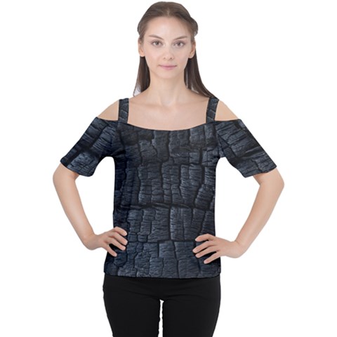 Black Burnt Wood Texture Women s Cutout Shoulder Tee by Amaryn4rt