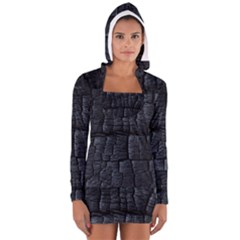 Black Burnt Wood Texture Women s Long Sleeve Hooded T-shirt by Amaryn4rt