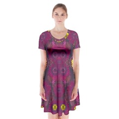 Colors And Wonderful Sun  Flowers Short Sleeve V-neck Flare Dress