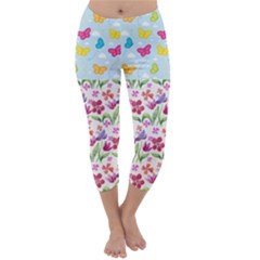 Watercolor Flowers And Butterflies Pattern Capri Winter Leggings 