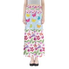 Watercolor Flowers And Butterflies Pattern Maxi Skirts