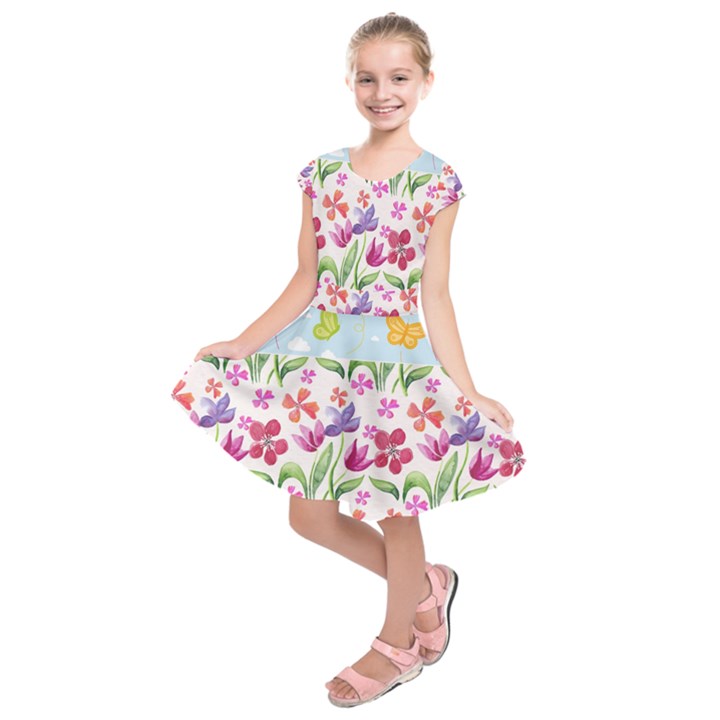 Watercolor flowers and butterflies pattern Kids  Short Sleeve Dress