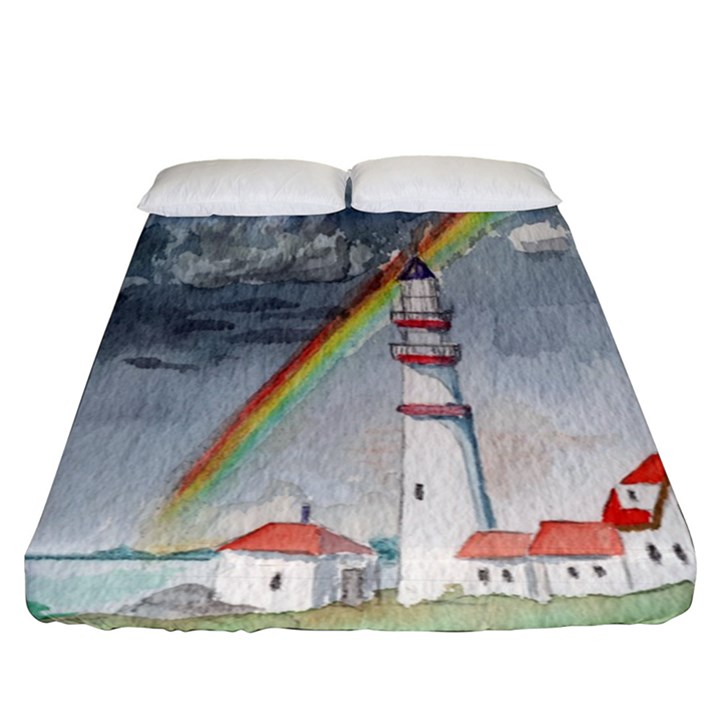 Watercolour Lighthouse Rainbow Fitted Sheet (King Size)