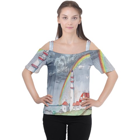 Watercolour Lighthouse Rainbow Women s Cutout Shoulder Tee by Amaryn4rt