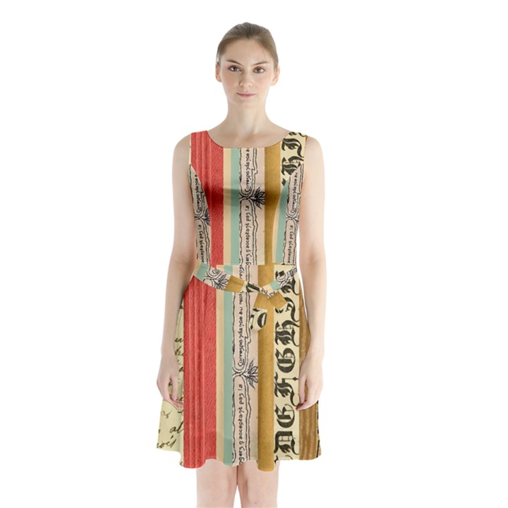 Digitally Created Collage Pattern Made Up Of Patterned Stripes Sleeveless Chiffon Waist Tie Dress