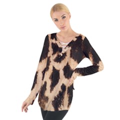 Yellow And Brown Spots On Giraffe Skin Texture Women s Tie Up Tee by Amaryn4rt