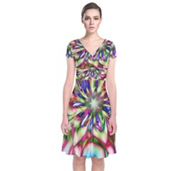 Magic Fractal Flower Multicolored Short Sleeve Front Wrap Dress