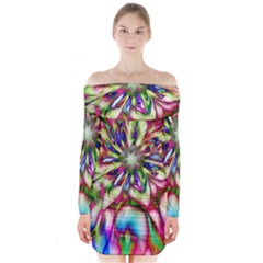 Magic Fractal Flower Multicolored Long Sleeve Off Shoulder Dress by EDDArt