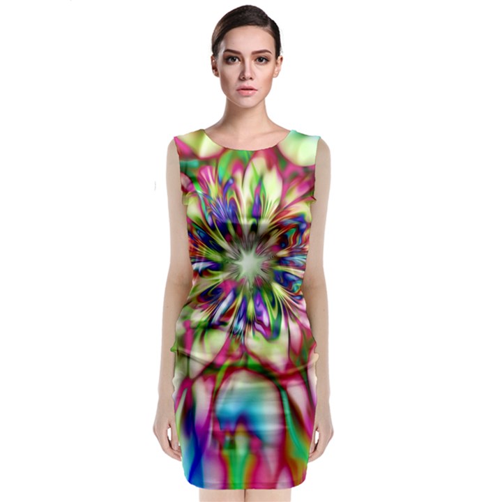 Magic Fractal Flower Multicolored Sleeveless Velvet Midi Dress