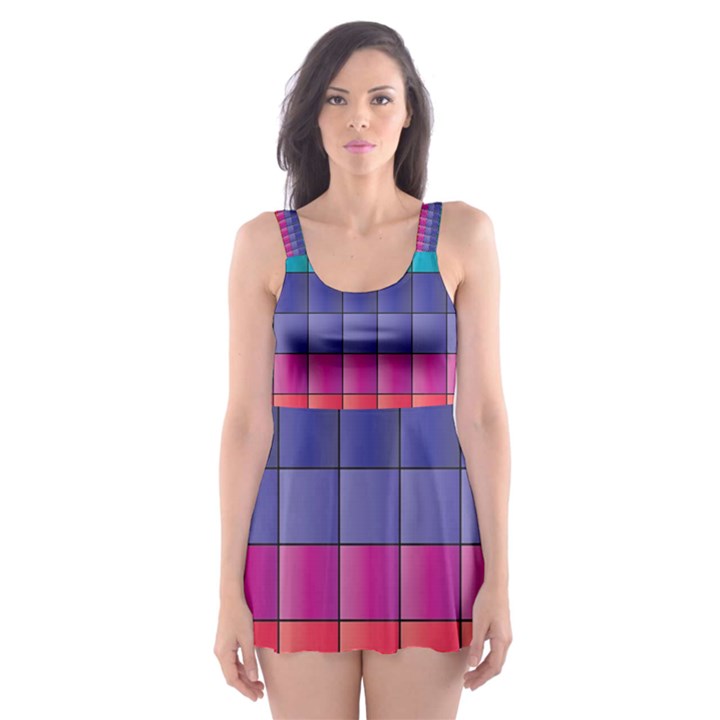 Pattern Grid Squares Texture Skater Dress Swimsuit