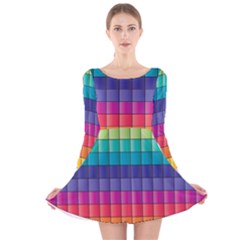 Pattern Grid Squares Texture Long Sleeve Velvet Skater Dress