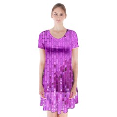 Purple Background Scrapbooking Paper Short Sleeve V-neck Flare Dress