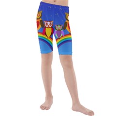 Owls Rainbow Animals Birds Nature Kids  Mid Length Swim Shorts by Amaryn4rt