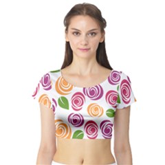 Colorful Seamless Floral Flowers Pattern Wallpaper Background Short Sleeve Crop Top (tight Fit)