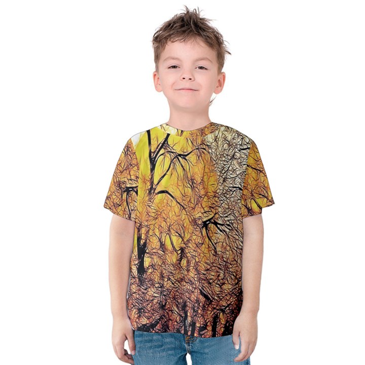 Summer Sun Set Fractal Forest Background Kids  Cotton Tee