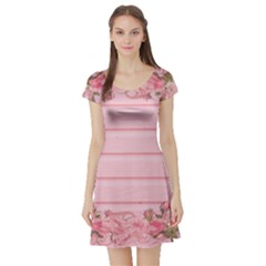 Pink Peony Outline Romantic Short Sleeve Skater Dress