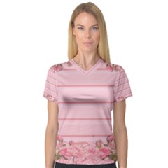 Pink Peony Outline Romantic Women s V-Neck Sport Mesh Tee