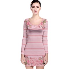 Pink Peony Outline Romantic Long Sleeve Velvet Bodycon Dress