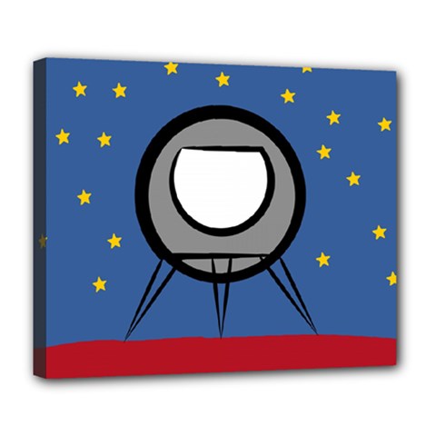 A Rocket Ship Sits On A Red Planet With Gold Stars In The Background Deluxe Canvas 24  X 20   by Simbadda