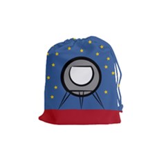 A Rocket Ship Sits On A Red Planet With Gold Stars In The Background Drawstring Pouches (medium)  by Simbadda