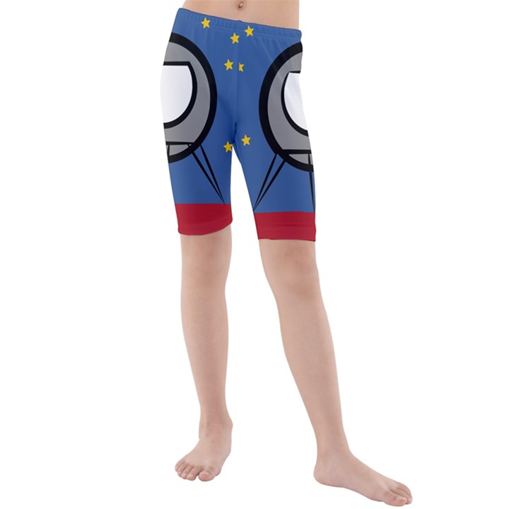 A Rocket Ship Sits On A Red Planet With Gold Stars In The Background Kids  Mid Length Swim Shorts