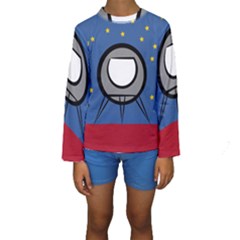 A Rocket Ship Sits On A Red Planet With Gold Stars In The Background Kids  Long Sleeve Swimwear by Simbadda