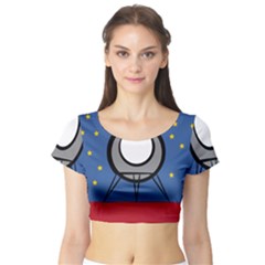 A Rocket Ship Sits On A Red Planet With Gold Stars In The Background Short Sleeve Crop Top (tight Fit) by Simbadda