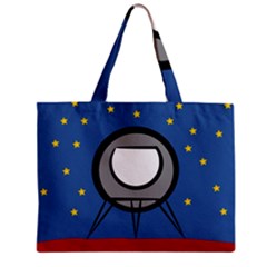 A Rocket Ship Sits On A Red Planet With Gold Stars In The Background Zipper Mini Tote Bag by Simbadda