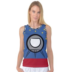 A Rocket Ship Sits On A Red Planet With Gold Stars In The Background Women s Basketball Tank Top by Simbadda