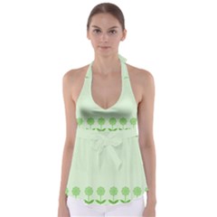 Floral Stripes Card In Green Babydoll Tankini Top by Simbadda