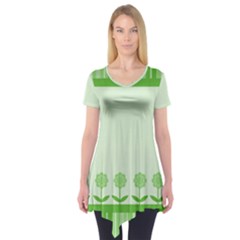 Floral Stripes Card In Green Short Sleeve Tunic  by Simbadda